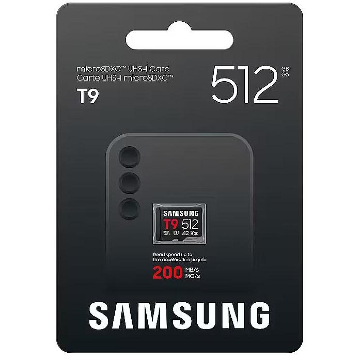 Samsung T9 microSD карта MB-MH512T/WW, 512 ГБ, 200 МБ/с, 130 МБ/с, UHS-I, U3, V30, A2, водонепроницаемая, ударопрочная (MB-MH512T/WW)