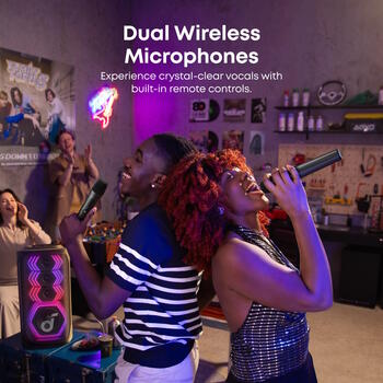 Bluetooth 200W Karaoke Bluetooth Partybox sistēma ar 2 bezvadu mikrofoniem un viedo dziesmas vārdu noņemēju Melns A31A3012 Anker (A31A3012)