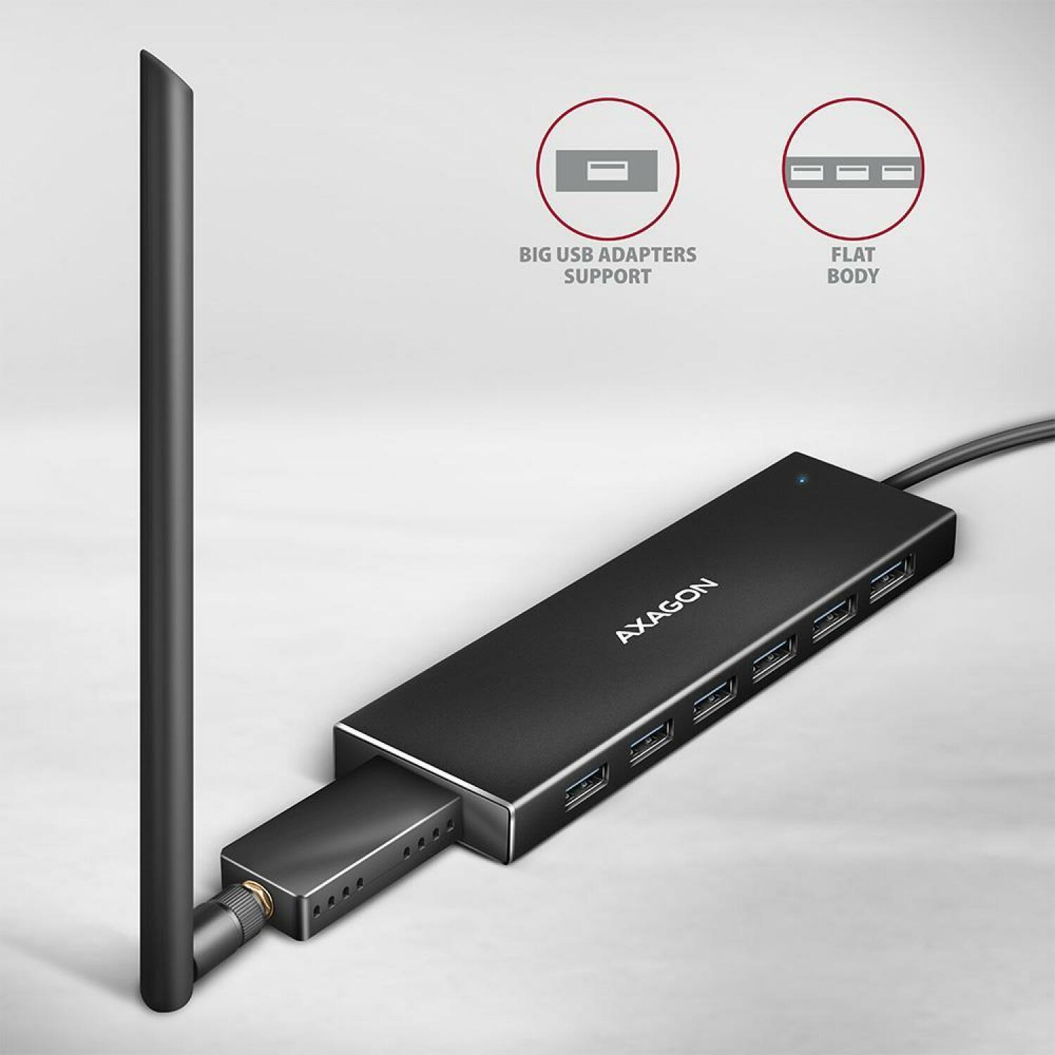 Axagon USB хаб HUE-F7A USB 3.2 7x USB-A, 1 м кабель, алюминиевый корпус, Hot Plug, Plug and Play (HUE-F7A)