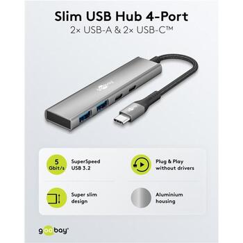 Goobay USB centrmezgls, 76563, 2 x USB 3.2 + 2 x USB-C 3.2, 5 Gbit/s, alumīnija/plastmasas korpuss, plāns dizains (76563)