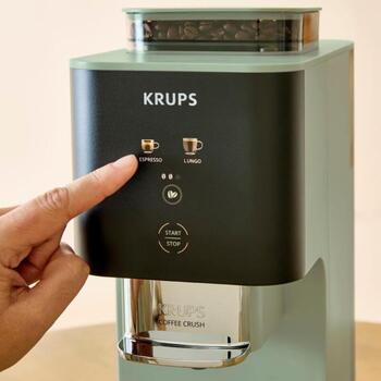 Krups кофемашина SA401LE0 Crush, 15 бар, 1370 Вт, 1,8 л, 150 г, автоматическая, черный/зеленый, встроенная кофемолка (SA401LE0)
