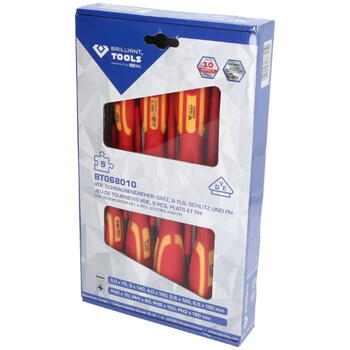 Набор отверток VDE, 9 шт., SL/PH, Brilliant Tools, BT068010, 3,0 x 75 мм – 4,0 x 10 см – 5,5 x 12,5 см – 6,5 x 15 см, PH0 x 75 мм – PH1 x 80 мм – PH2 x 10 см – PH3 x 15 см (BT068010)