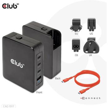 Club3D мобильное зарядное устройство CAC-1917 140W, 100-240V, 3x USB-C, 1x USB-A, PD 3.1, PPS, OCP, OVP, SCP, OTP, CE, FCC (CAC-1917)