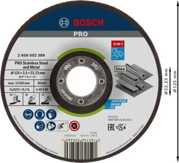 Griešanas & slīpēš. disks 125x22,2x2,5 mm, Mazām leņķa slīpmašīnām PRO STAINLESS STEEL AND METAL 3-IN-1 DISKS AR SAISTVIELĀM, 2608602389, BOSCH (2608602389)