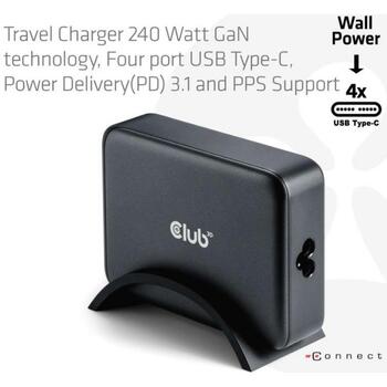 Club3D Зарядное устройство CAC-1918, 240 Вт, 4 USB Type-C, PD 3.1, PPS, OCP, OVP, SCP, OTP, Универсальное, Черное (CAC-1918)