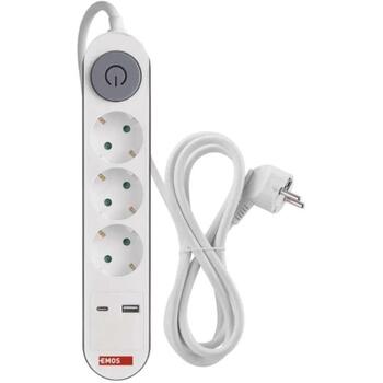 Emos Удлинитель P1322PD, 2м, 3× 2P + PE, 3680W, 1× USB-A, 1× USB-C, выключатель, защита от детей (P1322PD)