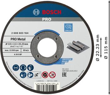 Griešanas disks metālam 115 x 22,23 x 2,5 mm, Mazām leņķa slīpmašīnām PRO METAL GRIEZĒJDISKS, 2608603164, BOSCH (2608603164)