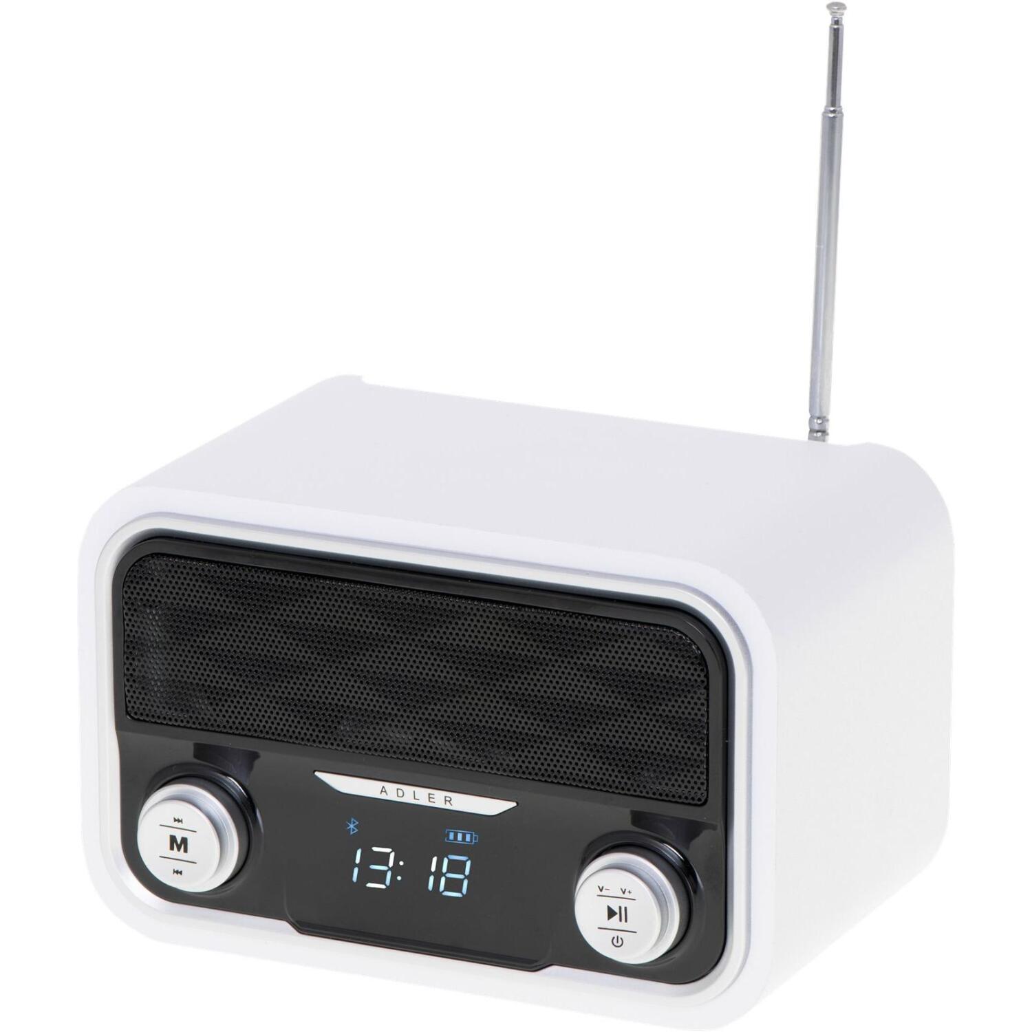 Adler Bluetooth радио AD 1185, 1800 мАч, FM 50 предустановленных станций, AUX, LCD дисплей, белый (AD 1185)