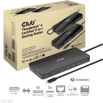Club3D док-станция CSV-1581, Thunderbolt 4, 3x Thunderbolt 4, 3x USB 2.0, 1x RJ-45, 140 W, 1000 Mbit/c, черный (CSV-1581)