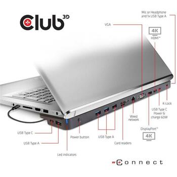 Club3D dokstacija CSV-1564W65 4K Ultra HD, 100 W, 2x USB 3.2 Gen 1 Type-A, 2x USB 3.2 Gen 1 Type-C, 1x HDMI, 1x DisplayPort (CSV-1564W65)