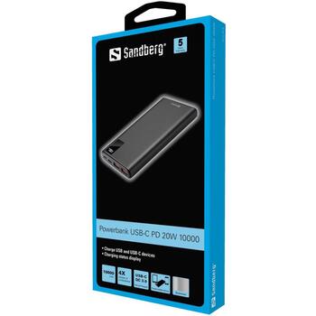 Sandberg Powerbank USB-C PD 20W 10000, 10000 мАч, 20 Вт, 2xUSB A, 2xUSB C, 3 устройства, алюминий, черный, 1 шт. (420-58)