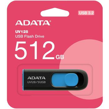 Adata USB флеш-накопитель AUV128-512G-RBE 512 ГБ, USB 3.2 Gen 1, скорость чтения 100 МБ/с, черный, синий, слайд (AUV128-512G-RBE)