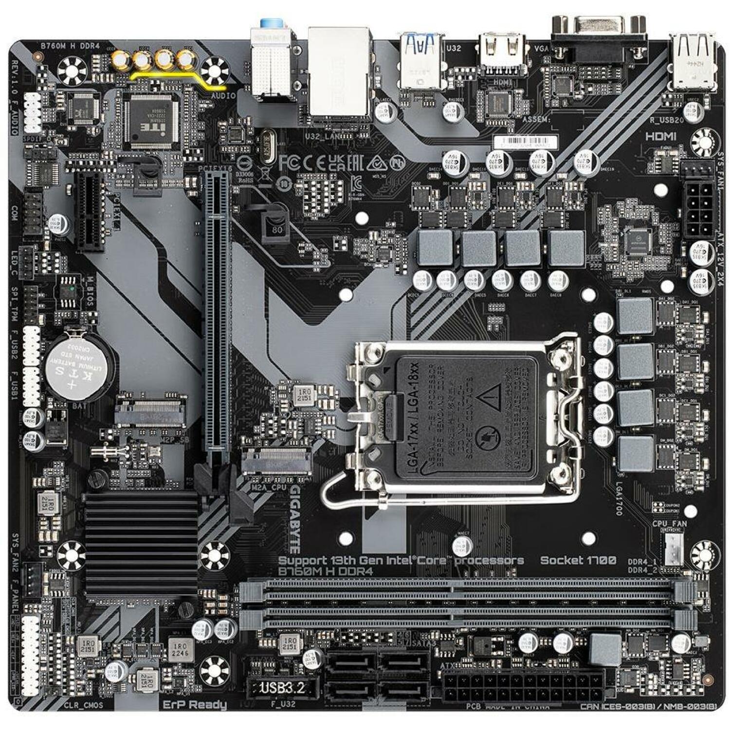 Gigabyte B760M H DDR4, LGA 1700, 6+1+1 фазы, 64 ГБ DDR4, 2x PCIe 4.0 M.2, GbE LAN, 1x HDMI, 2x USB 2.0 (B760MHDDR4)