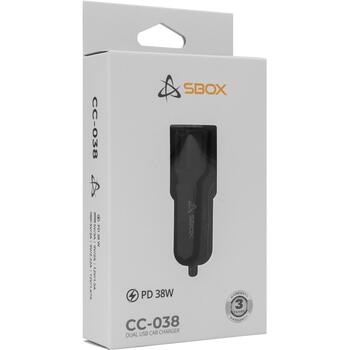 Sbox Автомобильное зарядное устройство CC-038, 12-24V, TYPE-C PD 3.0 5V/3A, 9V/2.22A, 12V/1.67A, USB-A QC 3.0 5V/3A, 9V/2A (CC-038)