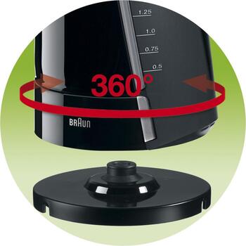 Braun электрический чайник WK300 BLACK, 1.6L, 2200W, черный, пластик, поворотная база 360°, автоотключение, защита от перегрева (WK300 BLACK)