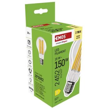Emos LED лампа FILAMENT A70 ZF5D82, 18 W, 230 V, 2452 lm, 2700 K, E27, 360°, 8 чипов, класс D (ZF5D82)