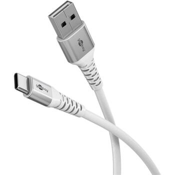 Goobay USB-C to USB-A Supersoft Textile Cable 74530, 1m, 3A, 60W PD, 480Mbps, balts, metāla savienotāji (74530)