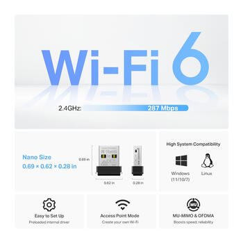 Tp-Link USB Wi-Fi адаптер Archer TX1U Nano, 287Mbps, Wi-Fi 6, USB 2.0, 1 антенна, MU-MIMO, OFDMA, режим AP, Windows 11/10/7, Linux (Archer TX1U Nano)