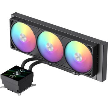 Gamemax procesora šķidruma dzesētājs GLACIER 360 LCD BK, 85.82 cfm, 800-2000 rpm, TDP līdz 330W, ARGB ventilators (GLACIER 360 LCD BK)