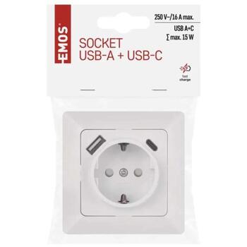 Emos Один разъем USB A+USB C A6000.5, 3A, IP20, упаковка 1 шт., дизайн НЕМЕЦКИЙ (A6000.5)