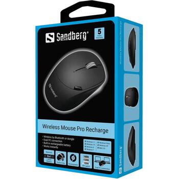Sandberg 631-02 bezvadu pele Pro Recharge, 1600 DPI, 6 pogas, Bluetooth 5.0, 2.4 GHz, 500 mAh, 10 m, melna (631-02)