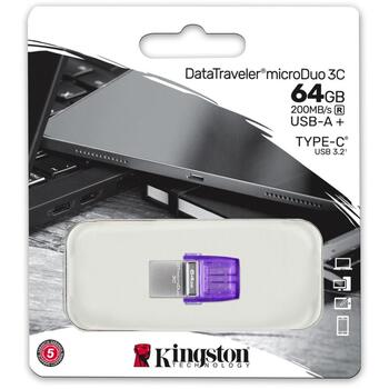 Kingston DataTraveler microDuo 3C DTDUO3CG3/64GB, 64 ГБ, 200 МБ/с, USB Type-A/Type-C, фиолетовый (DTDUO3CG3/64GB)