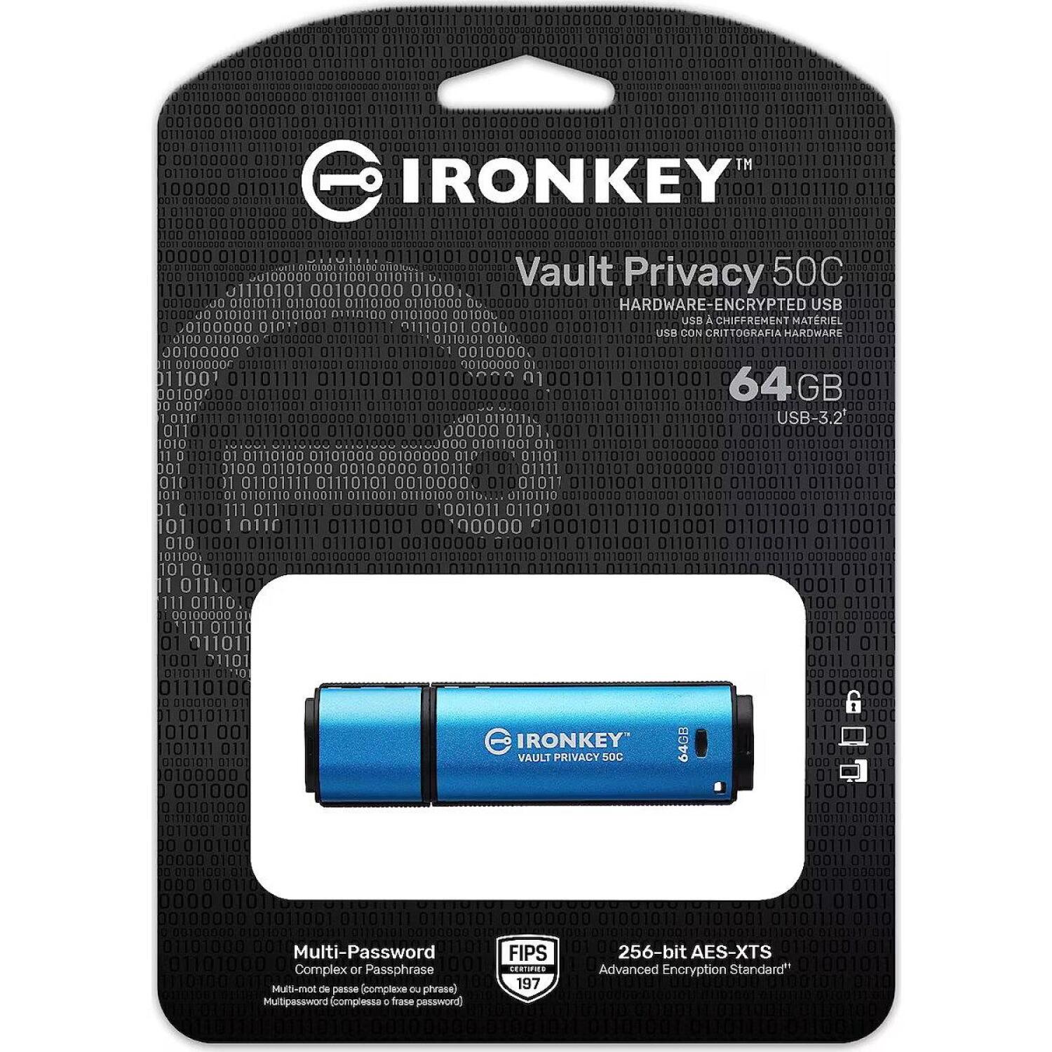 Kingston USB флеш-накопитель IKVP50C/64GB, 64GB, USB Type-C, 3.2 Gen 1, 250MB/s, 180MB/s, AES-256-XTS, FIPS 197, IPX8 (IKVP50C/64GB)