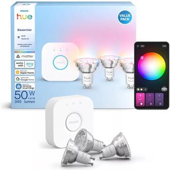 Philips Hue Essential Starter Kit E WCA 345 GU10 3kit EU, 3×GU10, 3W, 345lm, 2200-6500K, 16 млн цветов, белый и цветной свет (8721103103710)