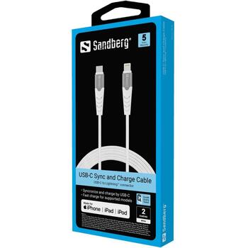 Sandberg USB-C PD uz Lightning MFI 136-48, 2m, Zibens, USB C, Vīrieši, Vīrieši, Balts (136-48)