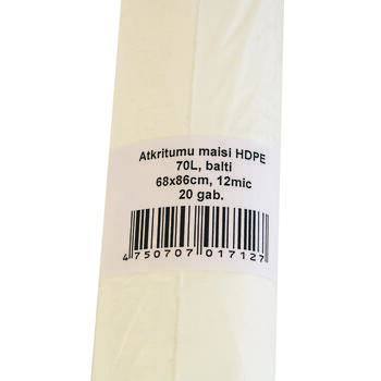 Atkritumu maisi , tilpums 70L, 68x86cm, 20 gab./rullī, HDPE, 12 mic, balti (400-04667)