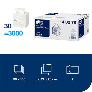 Kosmētiskās salvetes TORK Premium EXTRA SOFT, 2 sl., 100 salvetes, 21 x 20 cm, kubs, baltā krāsā (140278) (400-02130)
