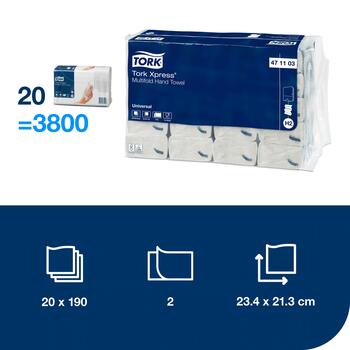 Roku dvieļi TORK Universal Xpress Multifold, 2 sl., 190 salvetes, 23.4 x 21.3 cm, baltā krāsā ar lapiņām (400-03735)