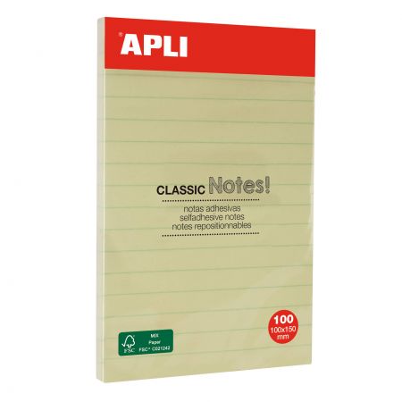 Līmlapiņas ar līnijām Apli CLASSIC 100 x 150 mm, 100 loksnes, dzeltens (100-10677)