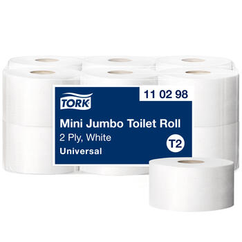 Tualetes papīrs TORK Universal Mini Jumbo T2, 2 sl., 750 lapiņas rullī, 9.1 cm x 150 m, baltā krāsā (400-05012)