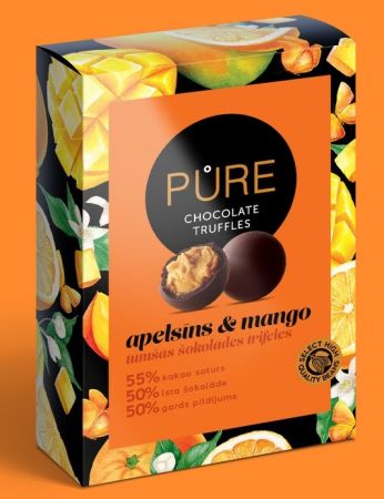 Šokolādes trifeles ar apelsīnu mango krēma pildījumu 148g, PURE (450-27489)