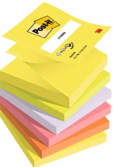 Post-it® Z-Notes, dažādas neona krāsas, 76 mm x 76 mm, 6 bloki/iepakojums (100-10702)