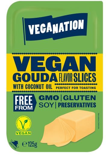 Vegānisks augu tauku produkts šķēlēs ar Gouda siera garšu, VEGANATION, 125 g (450-17381)