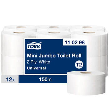 Tualetes papīrs TORK Universal Mini Jumbo T2, 2 sl., 750 lapiņas rullī, 9.1 cm x 150 m, baltā krāsā (400-05012)