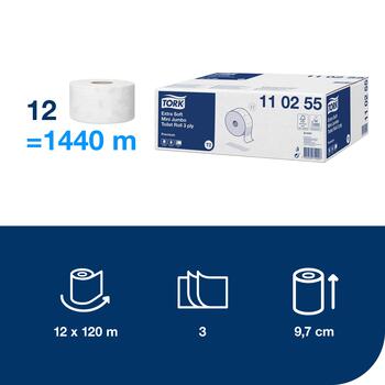 Tualetes papīrs TORK Premium Mini Jumbo Extra Soft T2, 3 sl., 600 lapiņas rullī, 9.7 cm x 120 m, baltā krāsā ar lapiņām (400-03687)