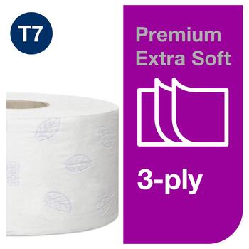 Tualetes papīrs TORK Premium Mini Jumbo Extra Soft T2, 3 sl., 600 lapiņas rullī, 9.7 cm x 120 m, baltā krāsā ar lapiņām (400-03687)