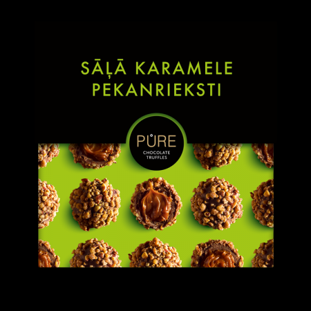 Piena šokolādes trifeles ar sāļās karameles krēma pildījumu un pekanrieksta dekoru 110 g, PURE (450-25666)