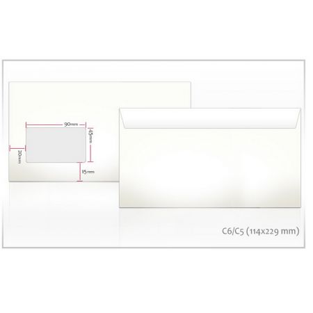 Aploksnes E65 RH formāts, 114x229mm, ar logu 45x90, 1000 gab./iepak., 80g/m2 (200-11541)