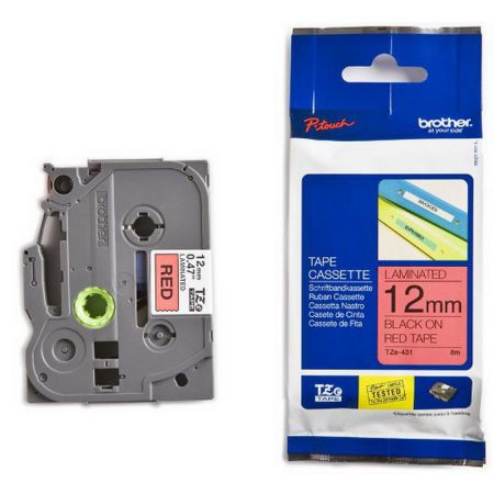 Lenta BROTHER TZE-431, 12 mm x 8 m, melni burti uz sarkana fona (250-02957)