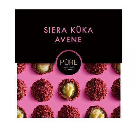 Piena šokolādes trifeles ar siera kūkas garšas krēma pildījumu un aveņu dekoru 96g, PURE (450-25665)