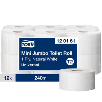Tualetes papīrs TORK Universal Mini Jumbo T2, 1 sl., 1714 lapiņas rullī, 9.4 cm x 240 m, nebalināts (400-03673)