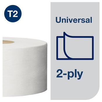 Tualetes papīrs TORK Universal Mini Jumbo T2, 2 sl., 750 lapiņas rullī, 9.1 cm x 150 m, baltā krāsā (400-05012)