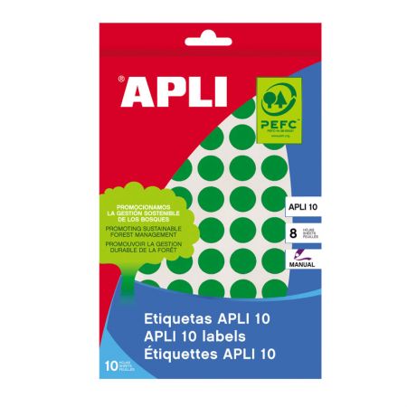 Apaļas uzlīmes APLI ar diametru 10mm, 8 loksnes, 1008 uzlīmes, zaļas (100-00489)