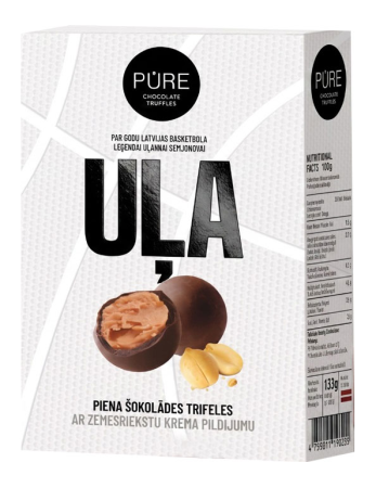 Piena šokolādes trifeles ar zemesriekstu krēma pildījumu "UĻA" 133g PURE CHOCOLALE (450-23550)