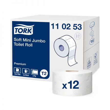Tualetes papīrs TORK Premium Mini Jumbo T2, 2 sl., 850 lapiņas rullī, 9.7cm x 170 m, baltā krāsā ar lapiņām (400-03672)