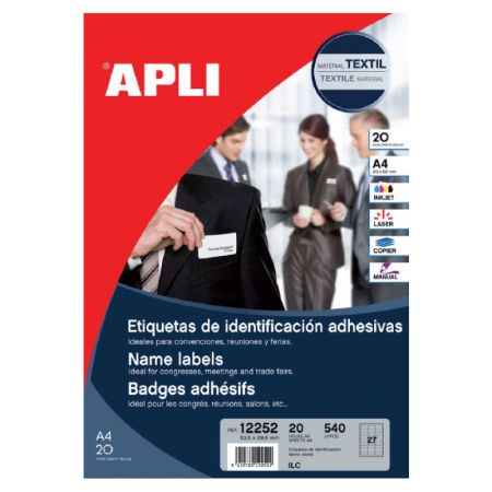 Uzlīmes APLI tekstīlam, ar izmēru 63.5x29.6mm, 20 loksnes/540 uzlīmes (100-02194)
